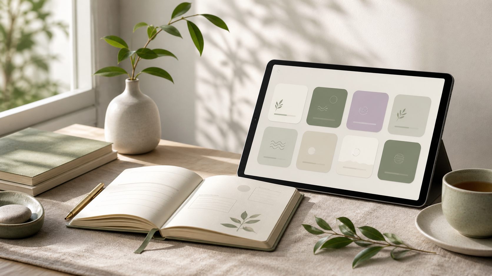 A calm desk with a journal, tea, and a tablet showing abstract wellness assessment cards.