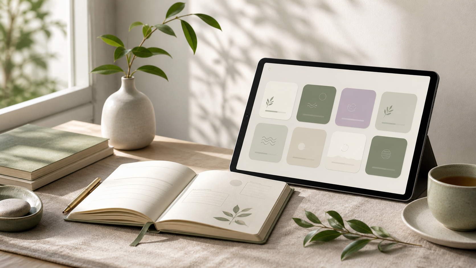 A calm desk with a journal, tea, and a tablet showing abstract wellness assessment cards.