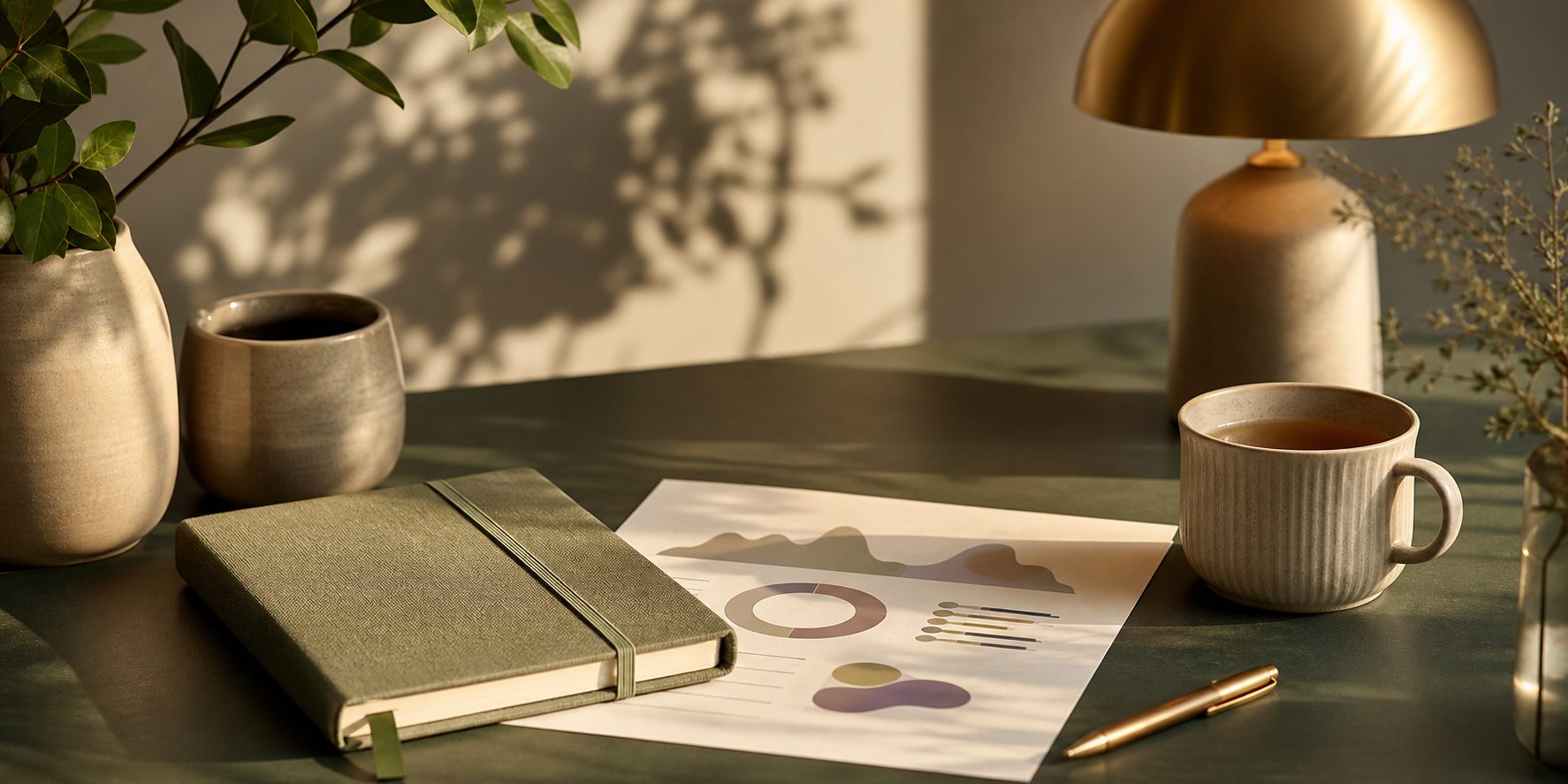A calm desk scene with a journal, tea, and an abstract wellness report after reflection.
