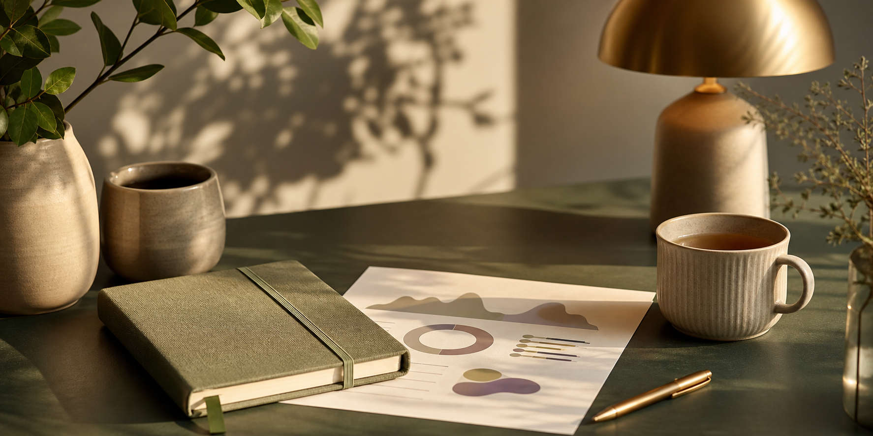 A calm desk scene with a journal, tea, and an abstract wellness report after reflection.